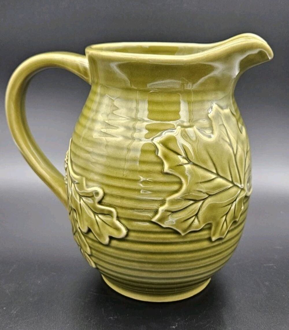Green Leaf Ceramic Pitcher Raised Relief Ribbed Glazed 8"